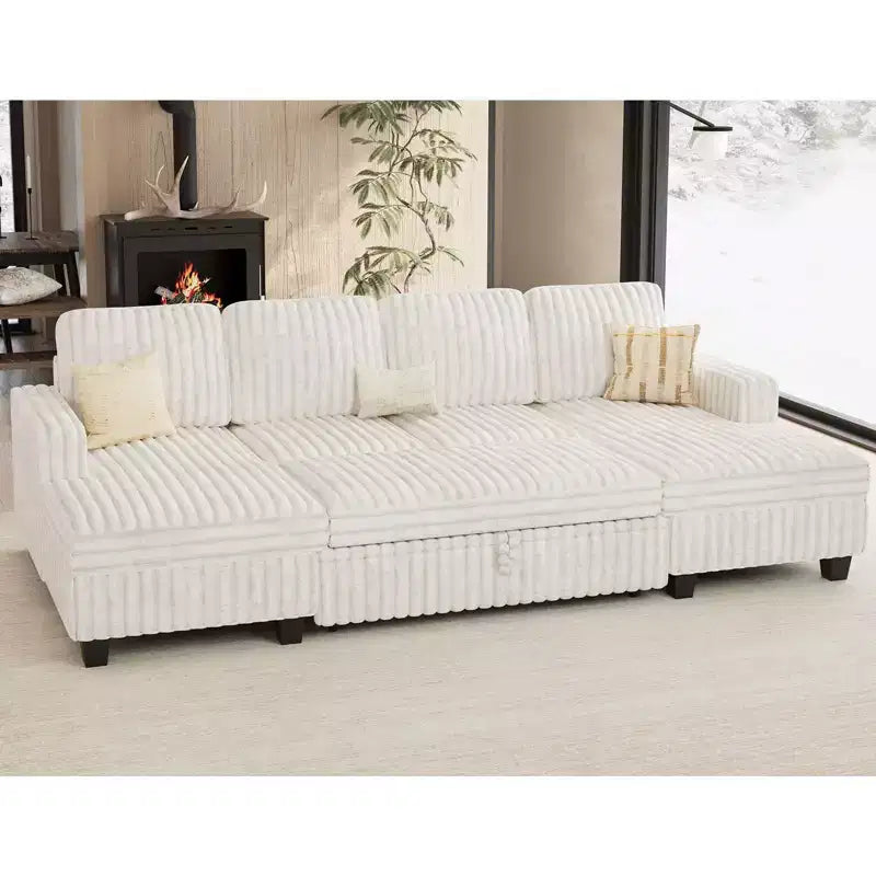 Divano letto componibile modulare Belffin con letto estraibile, in corduroy, doppia chaise longue con contenitore