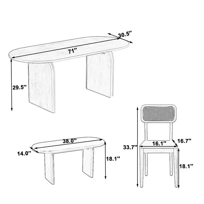 Set da pranzo ovale Whisen da 6 pezzi - Tavolo in legno di gomma con 4 sedie in rattan e panca, set da cucina moderno per 6 persone