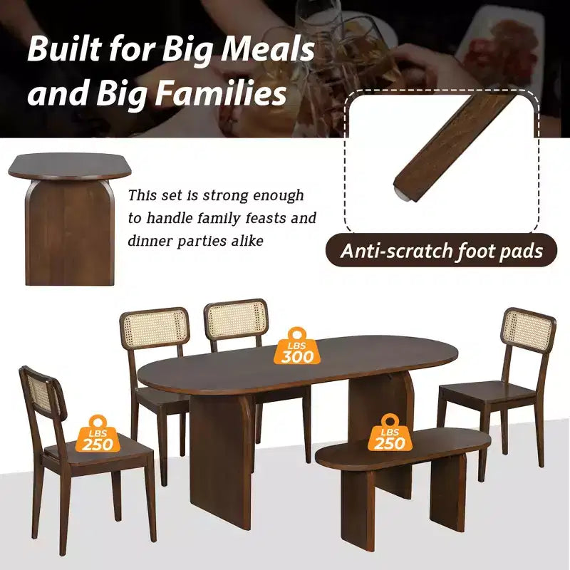 Set da pranzo ovale Whisen da 6 pezzi - Tavolo in legno di gomma con 4 sedie in rattan e panca, set da cucina moderno per 6 persone