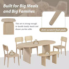 Set da pranzo ovale Whisen da 6 pezzi - Tavolo in legno di gomma con 4 sedie in rattan e panca, set da cucina moderno per 6 persone