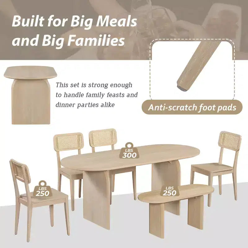 Set da pranzo ovale Whisen da 6 pezzi - Tavolo in legno di gomma con 4 sedie in rattan e panca, set da cucina moderno per 6 persone