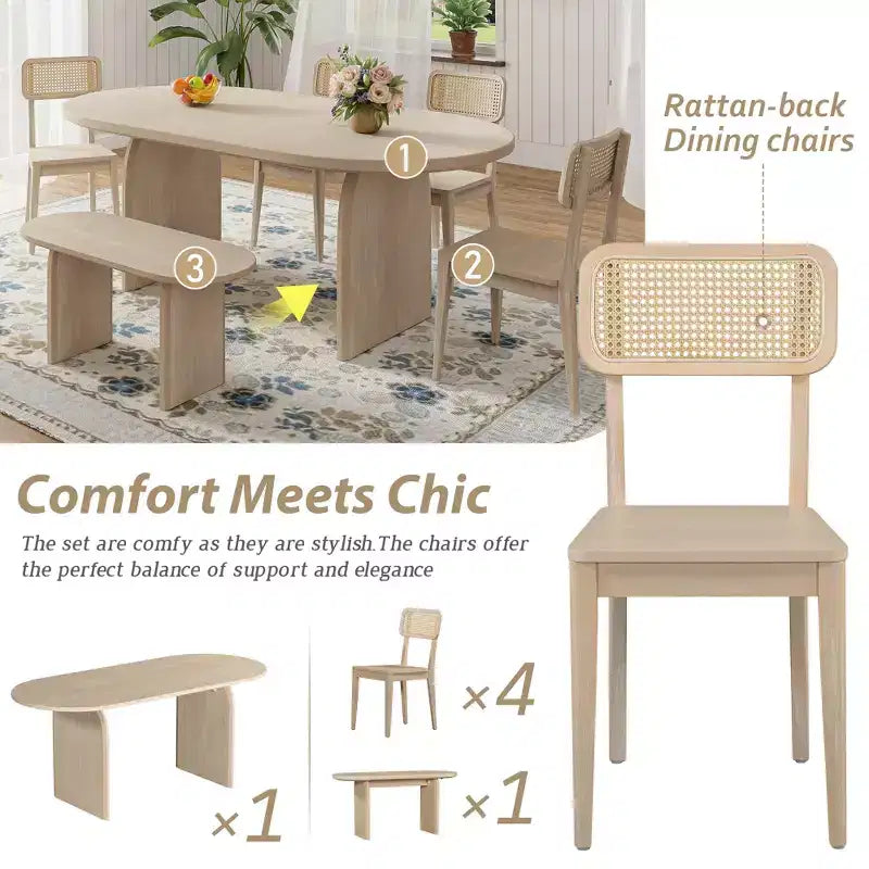 Set da pranzo ovale Whisen da 6 pezzi - Tavolo in legno di gomma con 4 sedie in rattan e panca, set da cucina moderno per 6 persone