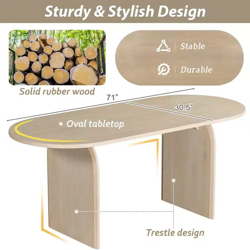 Set da pranzo ovale Whisen da 6 pezzi - Tavolo in legno di gomma con 4 sedie in rattan e panca, set da cucina moderno per 6 persone