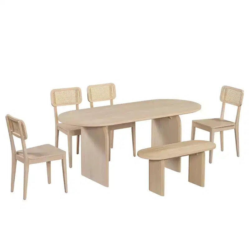 Set da pranzo ovale Whisen da 6 pezzi - Tavolo in legno di gomma con 4 sedie in rattan e panca, set da cucina moderno per 6 persone