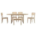 Set da pranzo ovale Whisen da 6 pezzi - Tavolo in legno di gomma con 4 sedie in rattan e panca, set da cucina moderno per 6 persone