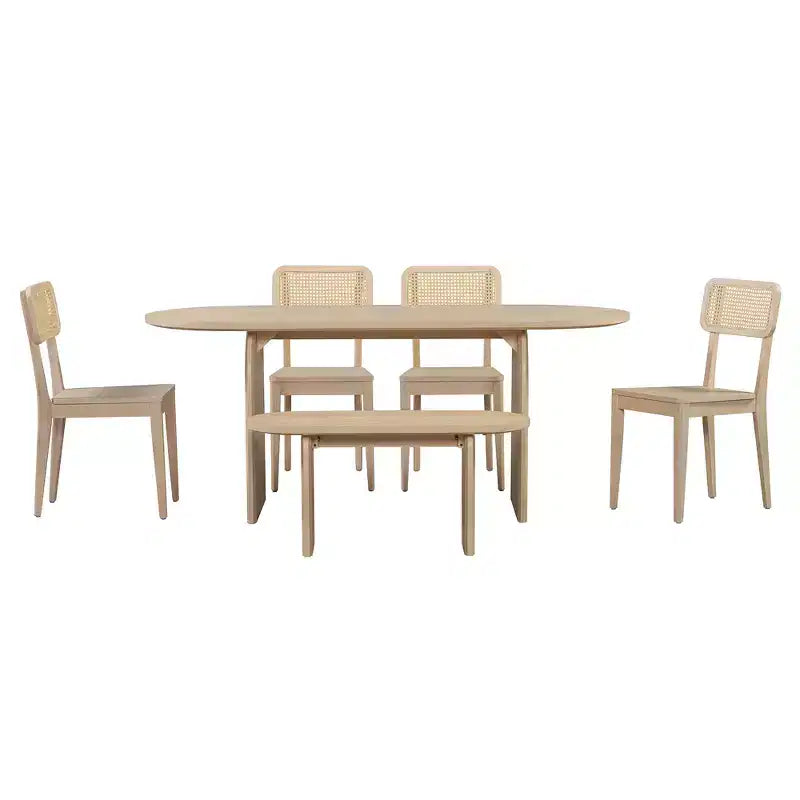 Set da pranzo ovale Whisen da 6 pezzi - Tavolo in legno di gomma con 4 sedie in rattan e panca, set da cucina moderno per 6 persone