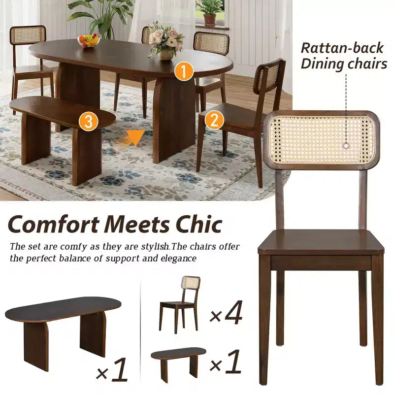 Set da pranzo ovale Whisen da 6 pezzi - Tavolo in legno di gomma con 4 sedie in rattan e panca, set da cucina moderno per 6 persone