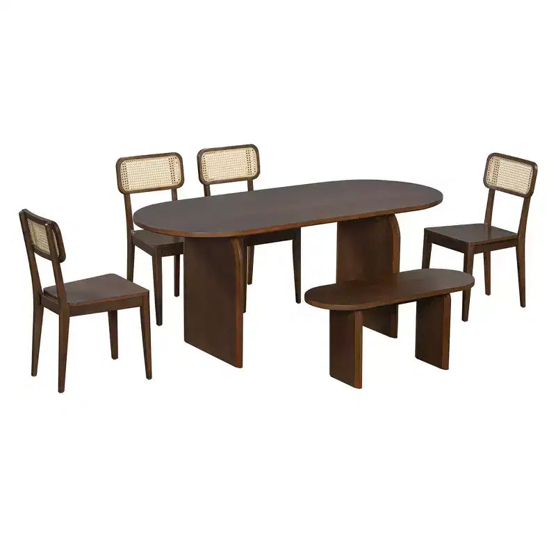 Set da pranzo ovale Whisen da 6 pezzi - Tavolo in legno di gomma con 4 sedie in rattan e panca, set da cucina moderno per 6 persone