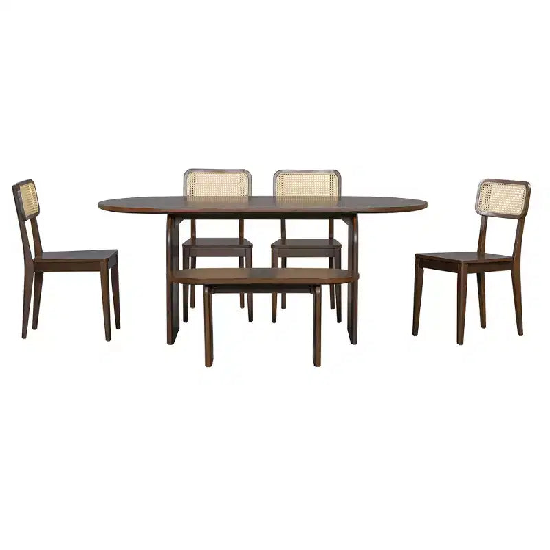 Set da pranzo ovale Whisen da 6 pezzi - Tavolo in legno di gomma con 4 sedie in rattan e panca, set da cucina moderno per 6 persone