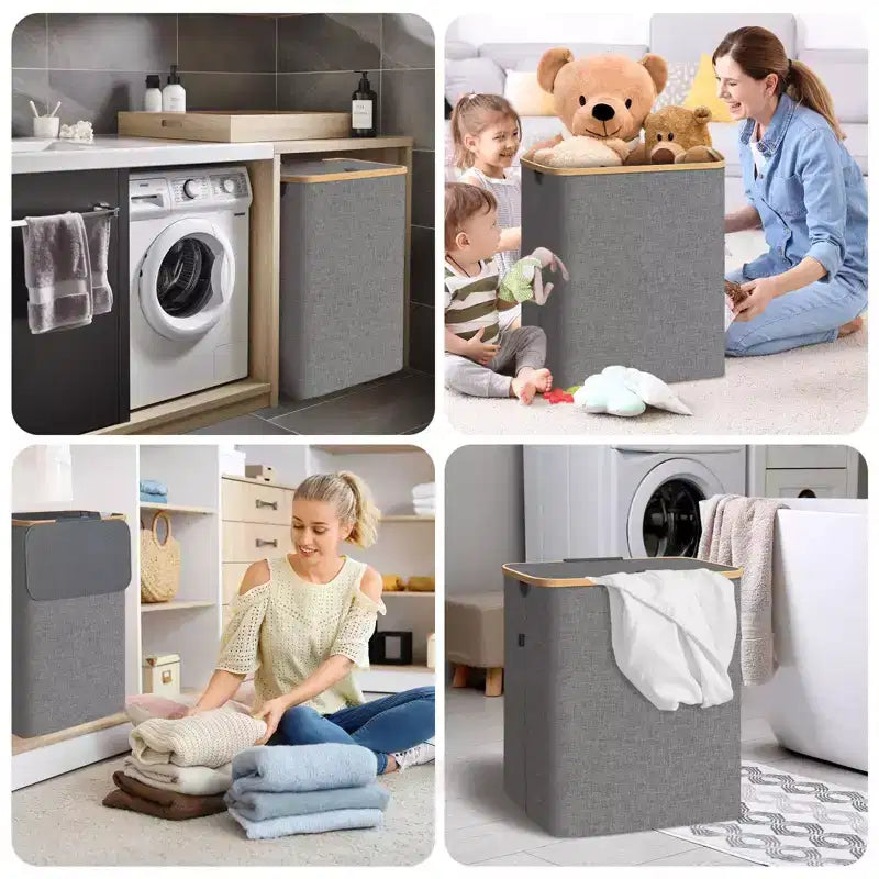 Cesto portabiancheria HOMLUX 4bu con coperchio, manici in bambù, grande capacità, supporto interno
