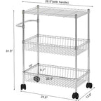 Carrello multiuso a 3 ripiani con maniglia e cestino regolabile, carrello da cucina con ruote in metallo, scaffale portaoggetti multiuso