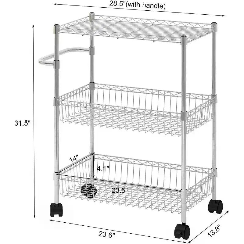 Carrello multiuso a 3 ripiani con maniglia e cestino regolabile, carrello da cucina con ruote in metallo, scaffale portaoggetti multiuso