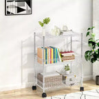 Carrello multiuso a 3 ripiani con maniglia e cestino regolabile, carrello da cucina con ruote in metallo, scaffale portaoggetti multiuso