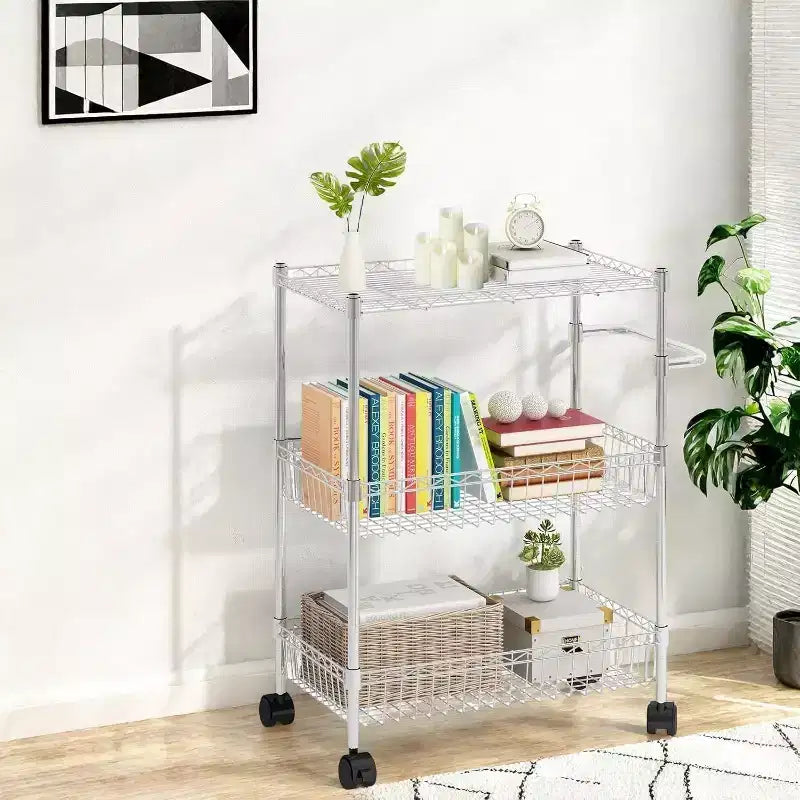 Carrello multiuso a 3 ripiani con maniglia e cestino regolabile, carrello da cucina con ruote in metallo, scaffale portaoggetti multiuso