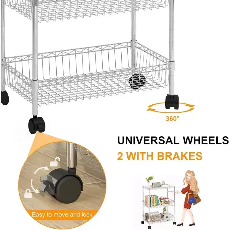 Carrello multiuso a 3 ripiani con maniglia e cestino regolabile, carrello da cucina con ruote in metallo, scaffale portaoggetti multiuso