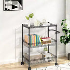 Carrello multiuso a 3 ripiani con maniglia e cestino regolabile, carrello da cucina con ruote in metallo, scaffale portaoggetti multiuso