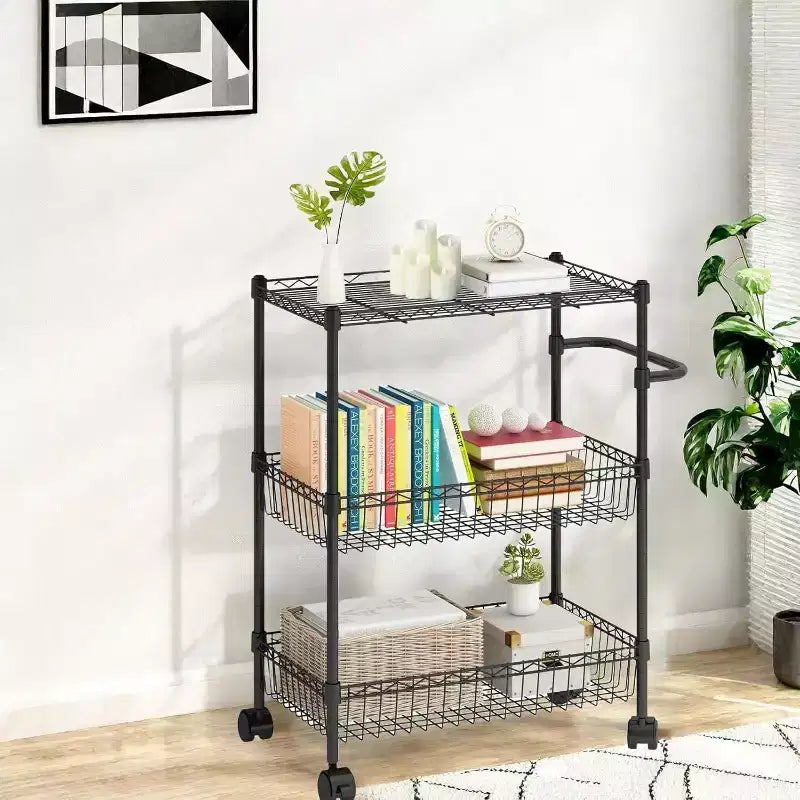 Carrello multiuso a 3 ripiani con maniglia e cestino regolabile, carrello da cucina con ruote in metallo, scaffale portaoggetti multiuso