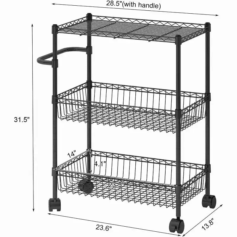 Carrello multiuso a 3 ripiani con maniglia e cestino regolabile, carrello da cucina con ruote in metallo, scaffale portaoggetti multiuso