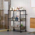 Carrello multiuso a 3 ripiani con maniglia e cestino regolabile, carrello da cucina con ruote in metallo, scaffale portaoggetti multiuso
