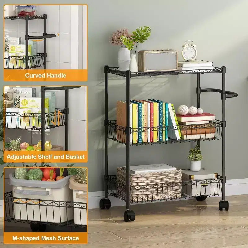 Carrello multiuso a 3 ripiani con maniglia e cestino regolabile, carrello da cucina con ruote in metallo, scaffale portaoggetti multiuso