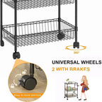 Carrello multiuso a 3 ripiani con maniglia e cestino regolabile, carrello da cucina con ruote in metallo, scaffale portaoggetti multiuso