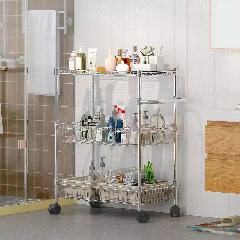 Carrello multiuso a 3 ripiani con maniglia e cestino regolabile, carrello da cucina con ruote in metallo, scaffale portaoggetti multiuso