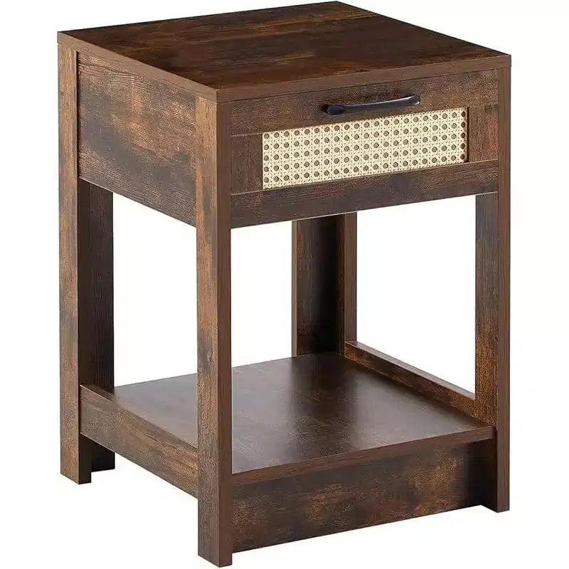 Comodino rustico in rattan con cassetti, comodino in legno per camere da letto in stile rustico o moderno