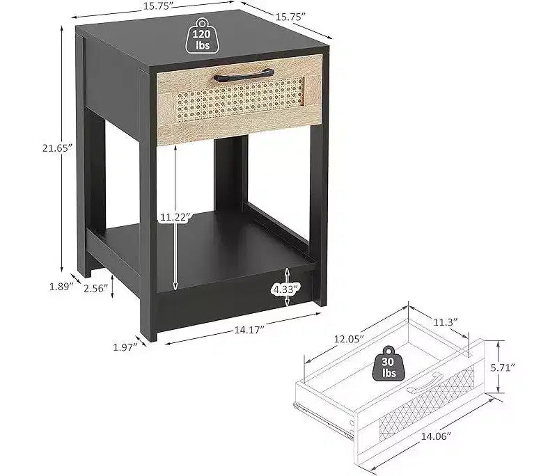 Comodino rustico in rattan con cassetti, comodino in legno per camere da letto in stile rustico o moderno