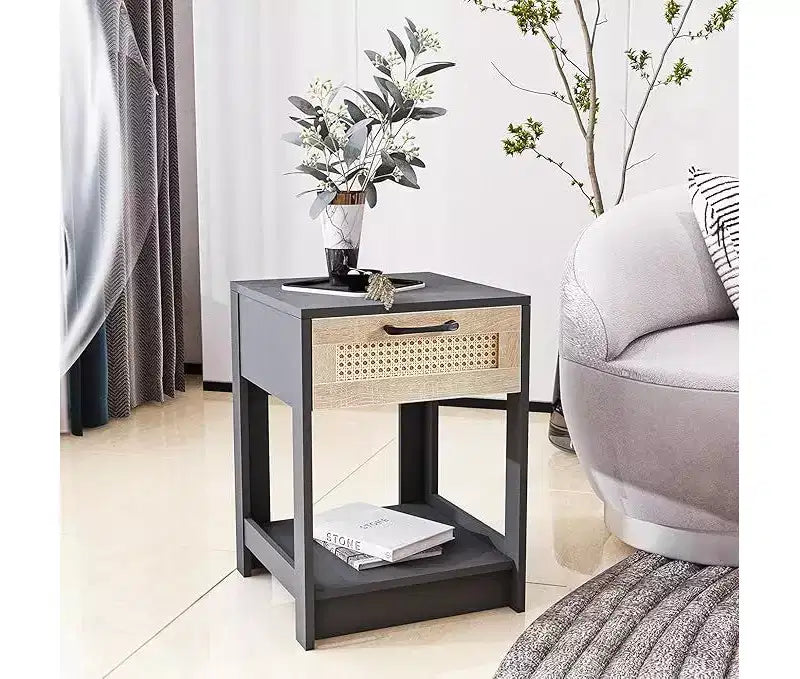 Comodino rustico in rattan con cassetti, comodino in legno per camere da letto in stile rustico o moderno