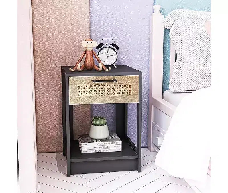 Comodino rustico in rattan con cassetti, comodino in legno per camere da letto in stile rustico o moderno