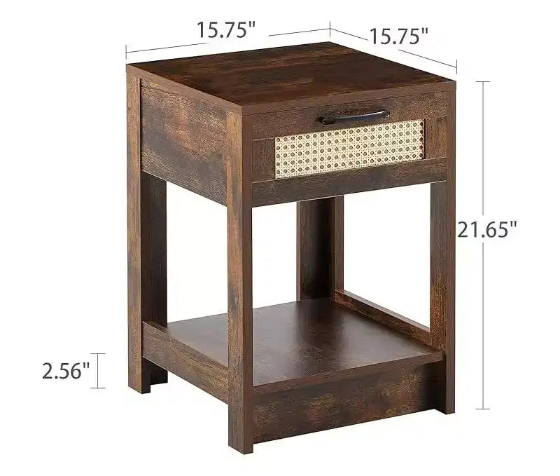 Comodino rustico in rattan con cassetti, comodino in legno per camere da letto in stile rustico o moderno