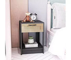 Rustic Rattan Nightstand with Drawers, Wooden Bedside Table for Farmhouse or Modern Bedrooms
