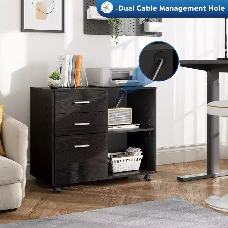 GALAXHERO Cassettiera laterale a 3 cassetti in legno, supporto mobile per stampante con ripiani aperti per ufficio domestico