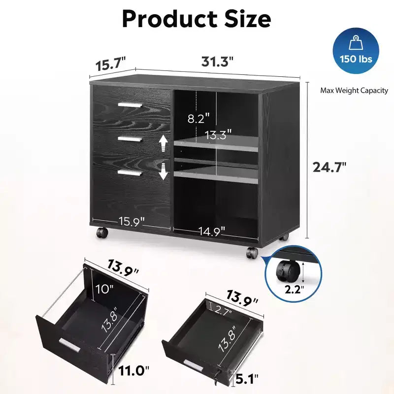 GALAXHERO Cassettiera laterale a 3 cassetti in legno, supporto mobile per stampante con ripiani aperti per ufficio domestico