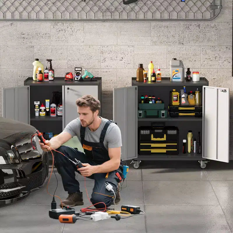 Armadio porta attrezzi da garage con ruote, cassettiera portautensili in acciaio con serratura da 90 cm, armadio portaoggetti in metallo con 1 ripiano, grigio chiaro e grigio scuro