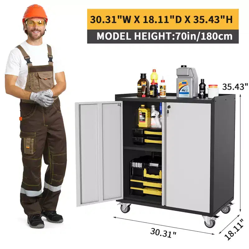 Armadio porta attrezzi da garage con ruote, cassettiera portautensili in acciaio con serratura da 90 cm, armadio portaoggetti in metallo con 1 ripiano, grigio chiaro e grigio scuro