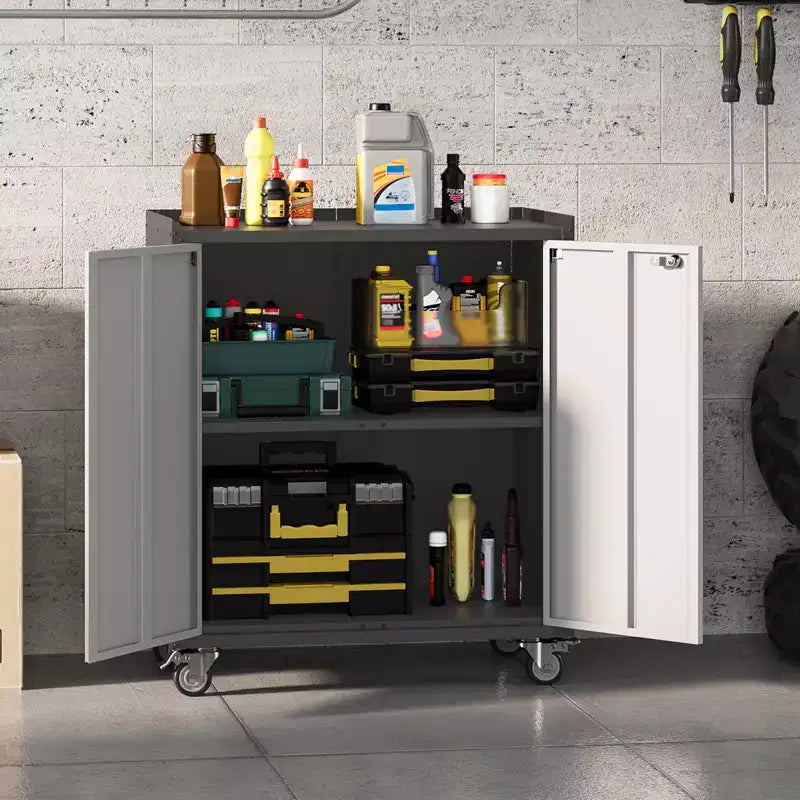 Armadio porta attrezzi da garage con ruote, cassettiera portautensili in acciaio con serratura da 90 cm, armadio portaoggetti in metallo con 1 ripiano, grigio chiaro e grigio scuro