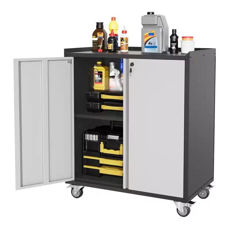 Armadio porta attrezzi da garage con ruote, cassettiera portautensili in acciaio con serratura da 90 cm, armadio portaoggetti in metallo con 1 ripiano, grigio chiaro e grigio scuro
