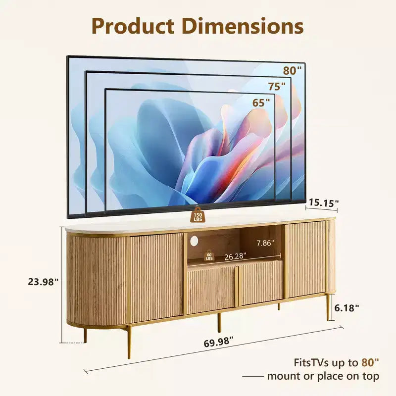 Mobile TV scanalato da 70 pollici, mobile da intrattenimento moderno con ripiano effetto marmo e design curvo, mobile consolle multimediale per soggiorno