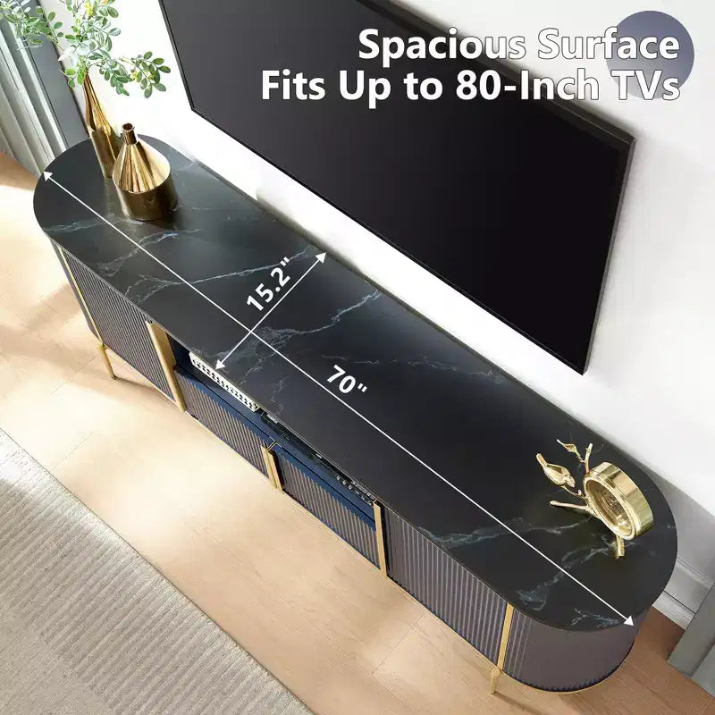 Mobile TV scanalato da 70 pollici, mobile da intrattenimento moderno con ripiano effetto marmo e design curvo, mobile consolle multimediale per soggiorno