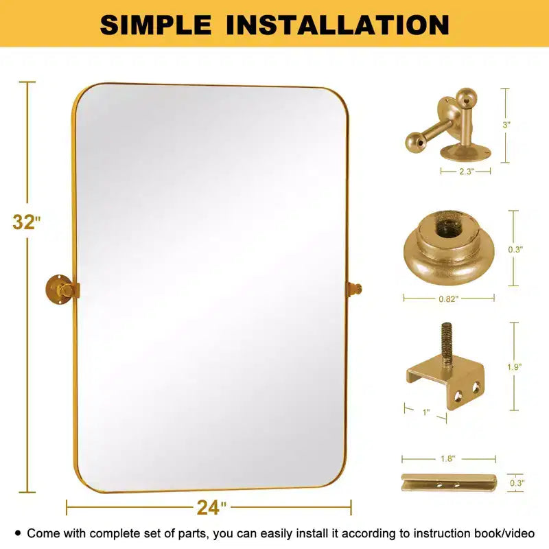Specchio rettangolare premium 80 cm in ferro dorato con angoli arrotondati, ferramenta inclusa, profondità 4 cm (doppia faccia)