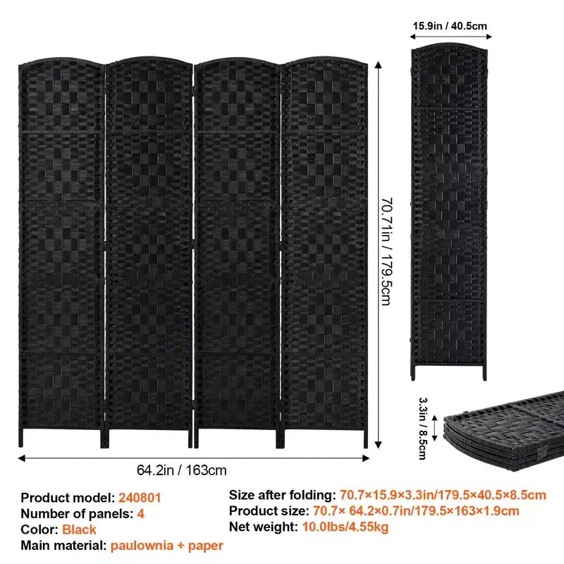 VEVOR Divisorio a 4 Pannelli, Schermo Pieghevole Intrecciato a Mano con Cerniere, Divisorio Portatile e Autoportante, Nero
