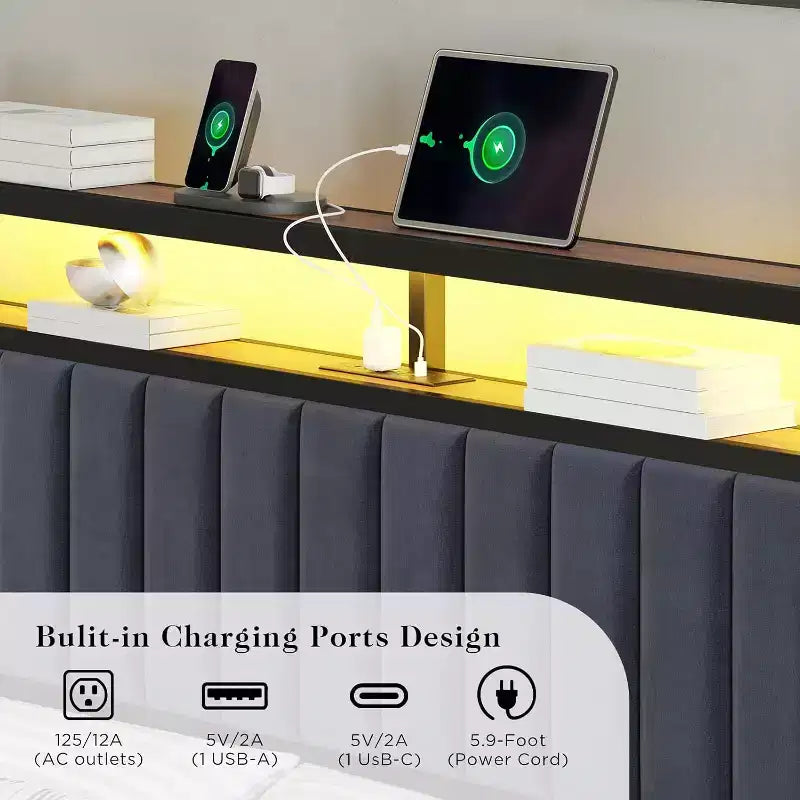 AMERLIFE Letto Matrimoniale a LED con Pouf Pieghevole, Stazione di Ricarica, Testiera Imbottita in Velluto