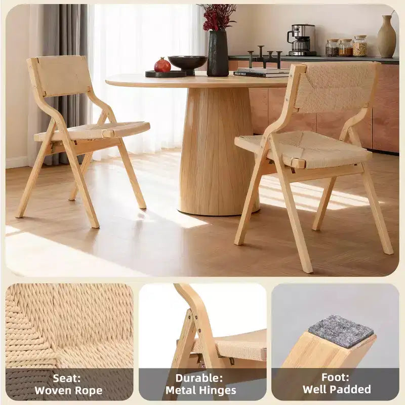 MAYEERTY Set di 2 sedie da pranzo in legno pieghevoli e impilabili per sala da pranzo, seduta e schienale intrecciati, naturali