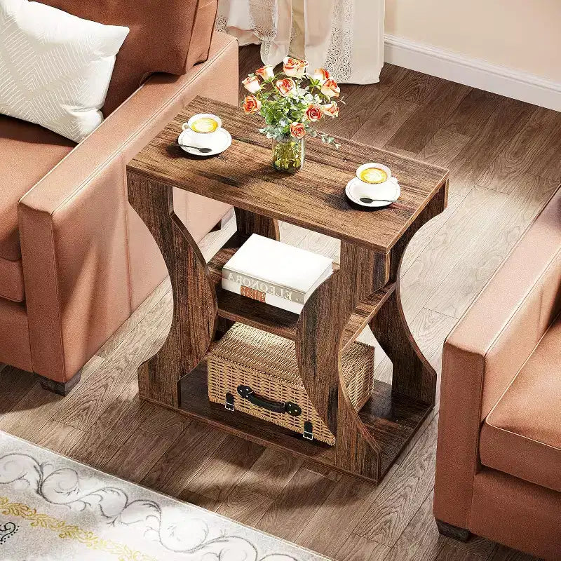 Tavolino finale Lantine 24 Farmhouse, tavolino stretto a 3 ripiani con mensole portaoggetti, comodino in legno stile industriale per soggiorno, camera da letto