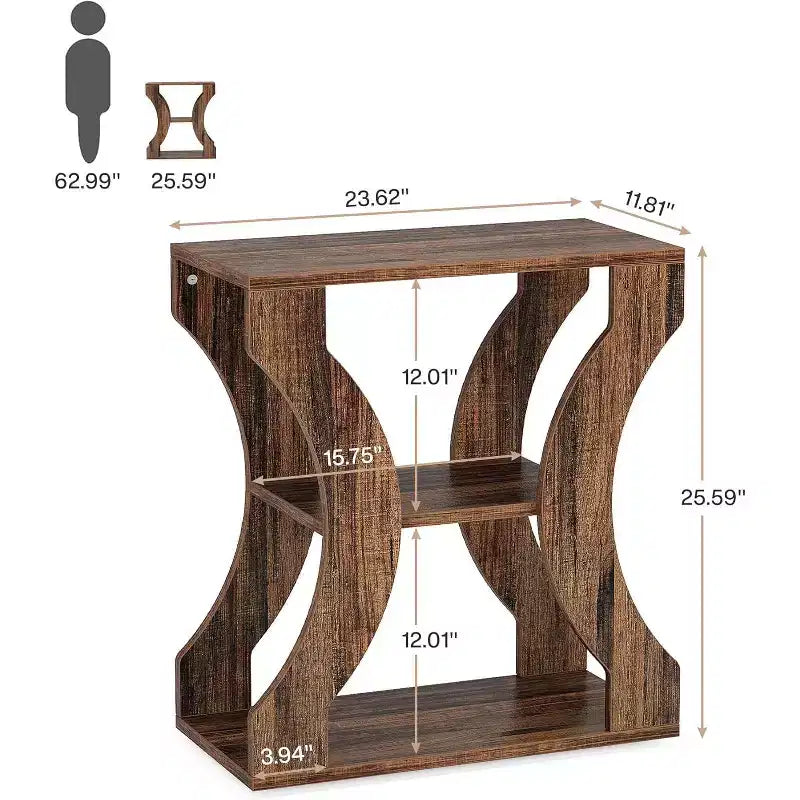 Tavolino finale Lantine 24 Farmhouse, tavolino stretto a 3 ripiani con mensole portaoggetti, comodino in legno stile industriale per soggiorno, camera da letto