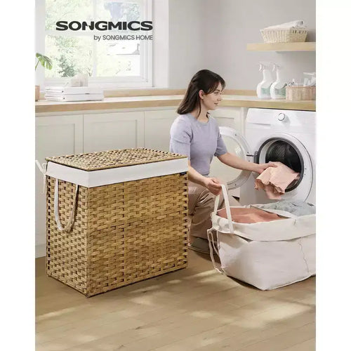 42.3 Gallon Foldable Laundry Hamper with Lid, Synthetic Rattan Storage Basket with Removable Liner & Handles, 160L Capacity, Natural