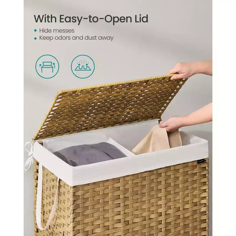 Cesto portabiancheria pieghevole da 160 litri (42,3 galloni) con coperchio, in rattan sintetico, con fodera rimovibile e maniglie, colore naturale