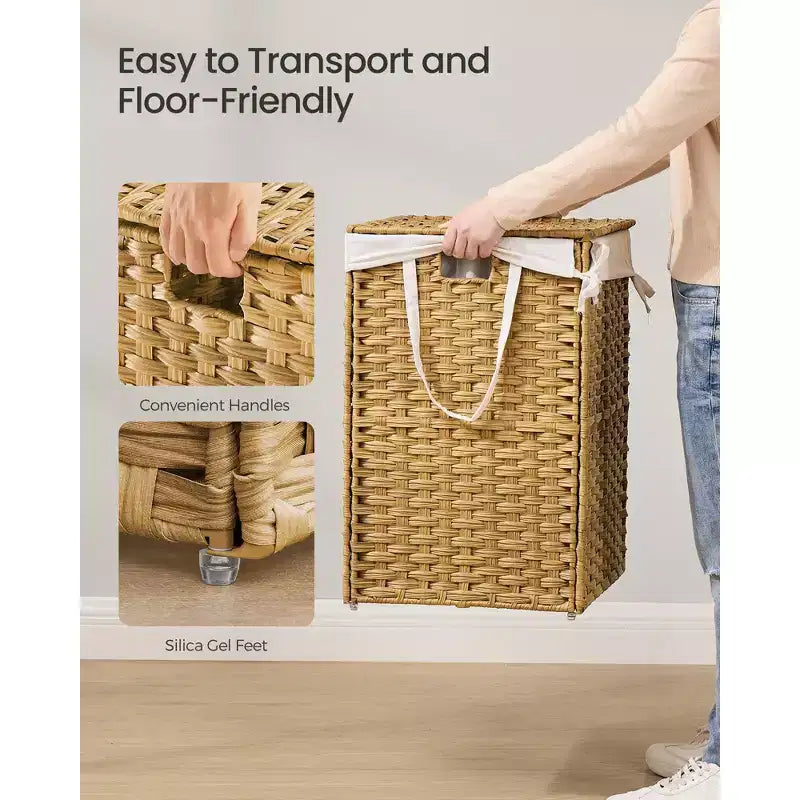 Cesto portabiancheria pieghevole da 160 litri (42,3 galloni) con coperchio, in rattan sintetico, con fodera rimovibile e maniglie, colore naturale