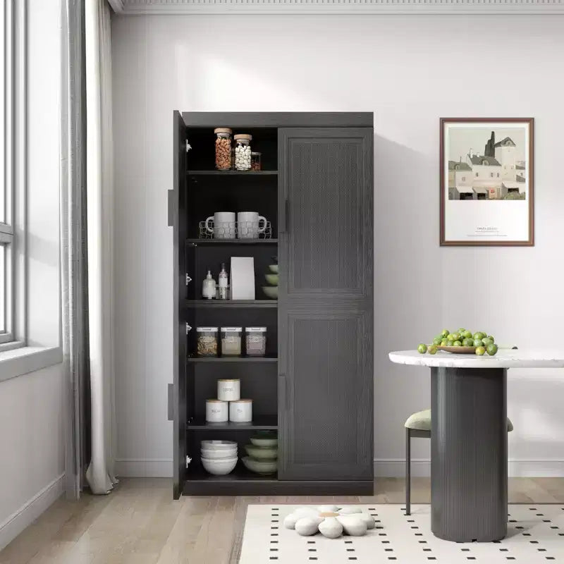 62x31x16 Wood Grain Buffet Cabinet in Black, Storage Organizer with Adjustable Shelves and Rattan Doors for Kitchen Bedroom Living/Dinning Room